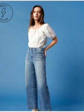 Ann Mashburn Wide Leg Jeans Coco Column Patch Pocket Stretch Denim 25